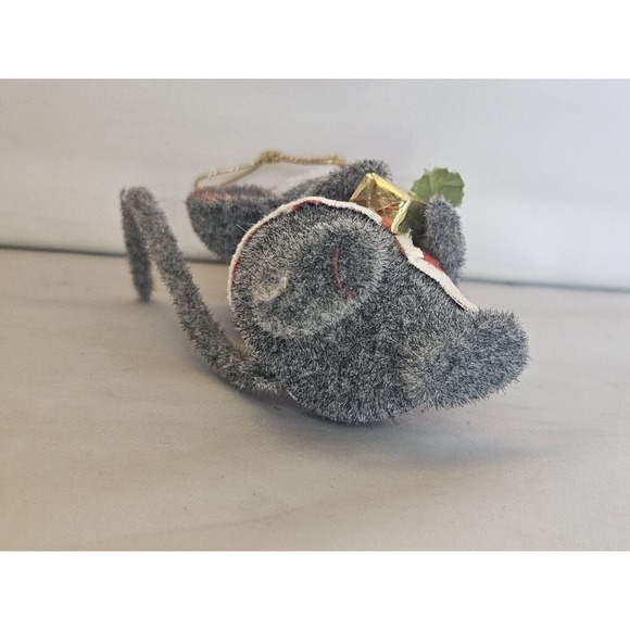 Vintage Sydney Morgan Flocked Ornament Mouse Santa Hat Present 4" - Picture 8 of 10